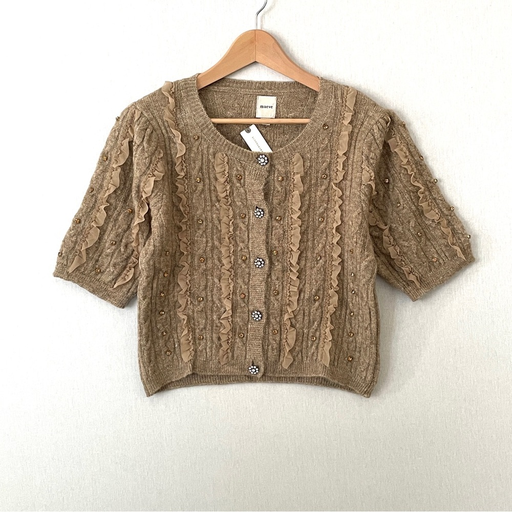Anthropologie Maeve Embellished Ruffled Short-Sleeve Cardigan Sweater - Picture 3 of 11